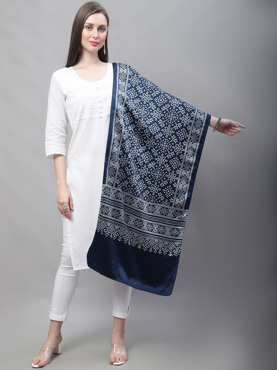

LOOM LEGACY Ethnic Motifs Block Printed Dupatta, Navy blue