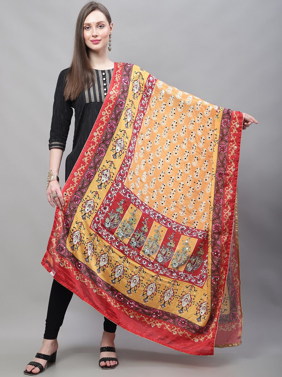 

LOOM LEGACY Floral Printed Mirror Work Cotton Silk Dupatta, Yellow