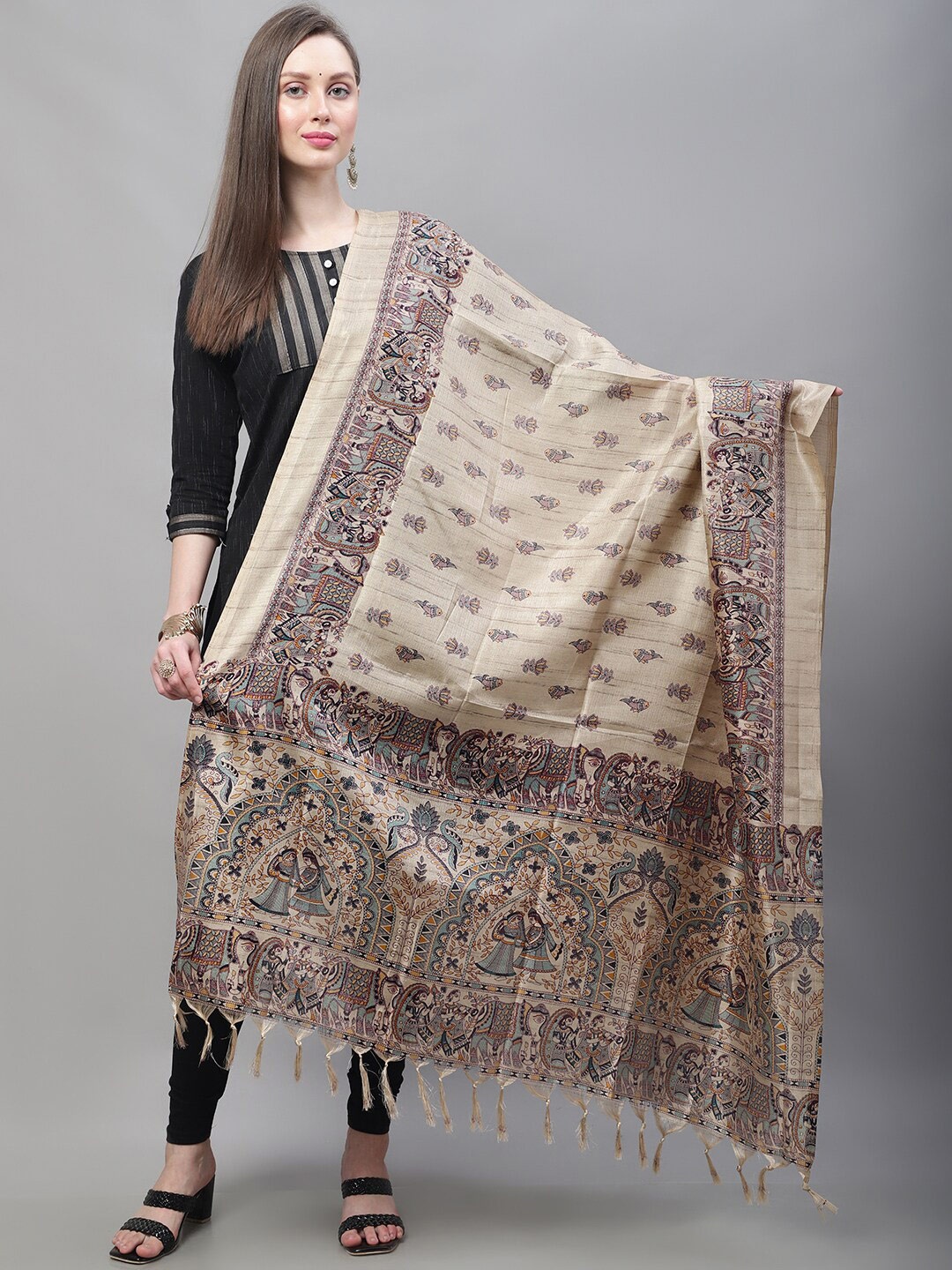 

LOOM LEGACY Ethnic Motifs Woven Design Dupatta, Beige