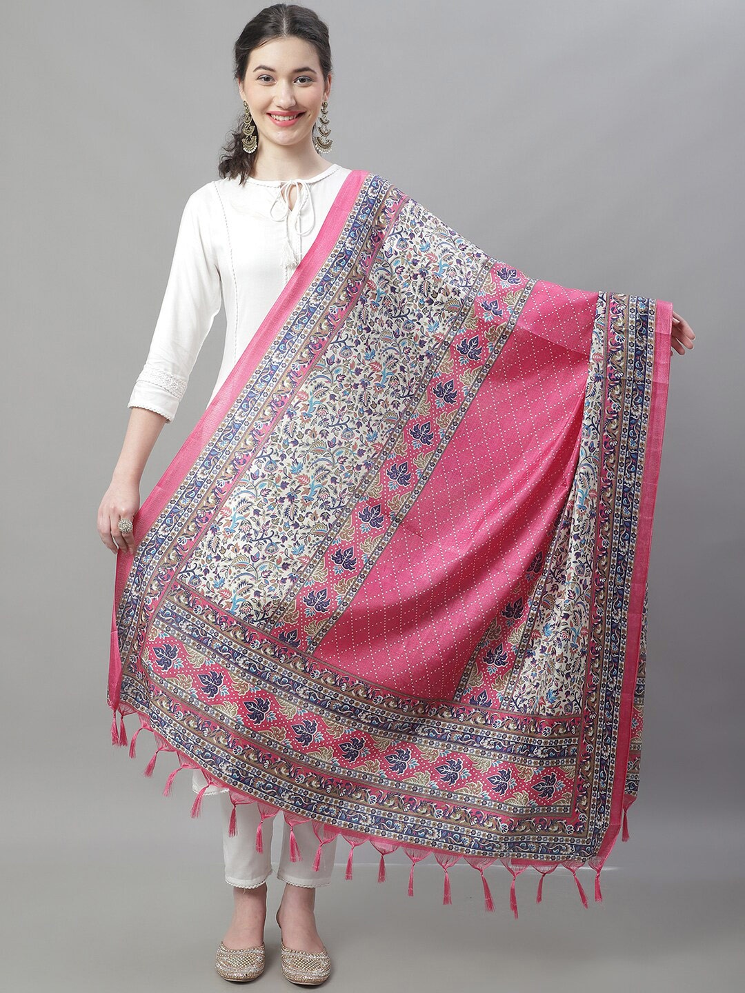 

LOOM LEGACY Floral Printed Woven Design Dupatta, Pink
