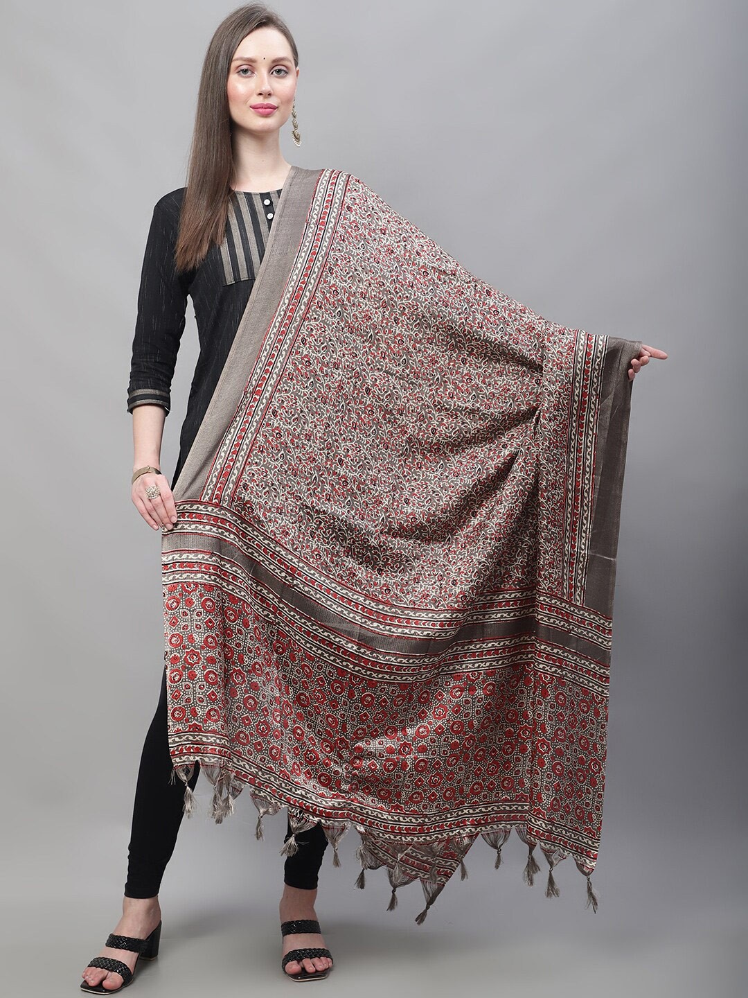 

LOOM LEGACY Floral Printed Dupatta, Grey