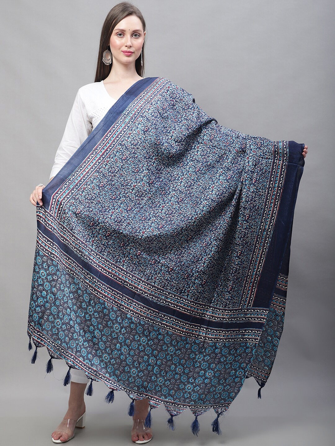 

LOOM LEGACY Ethnic Motifs Printed Dupatta, Turquoise blue