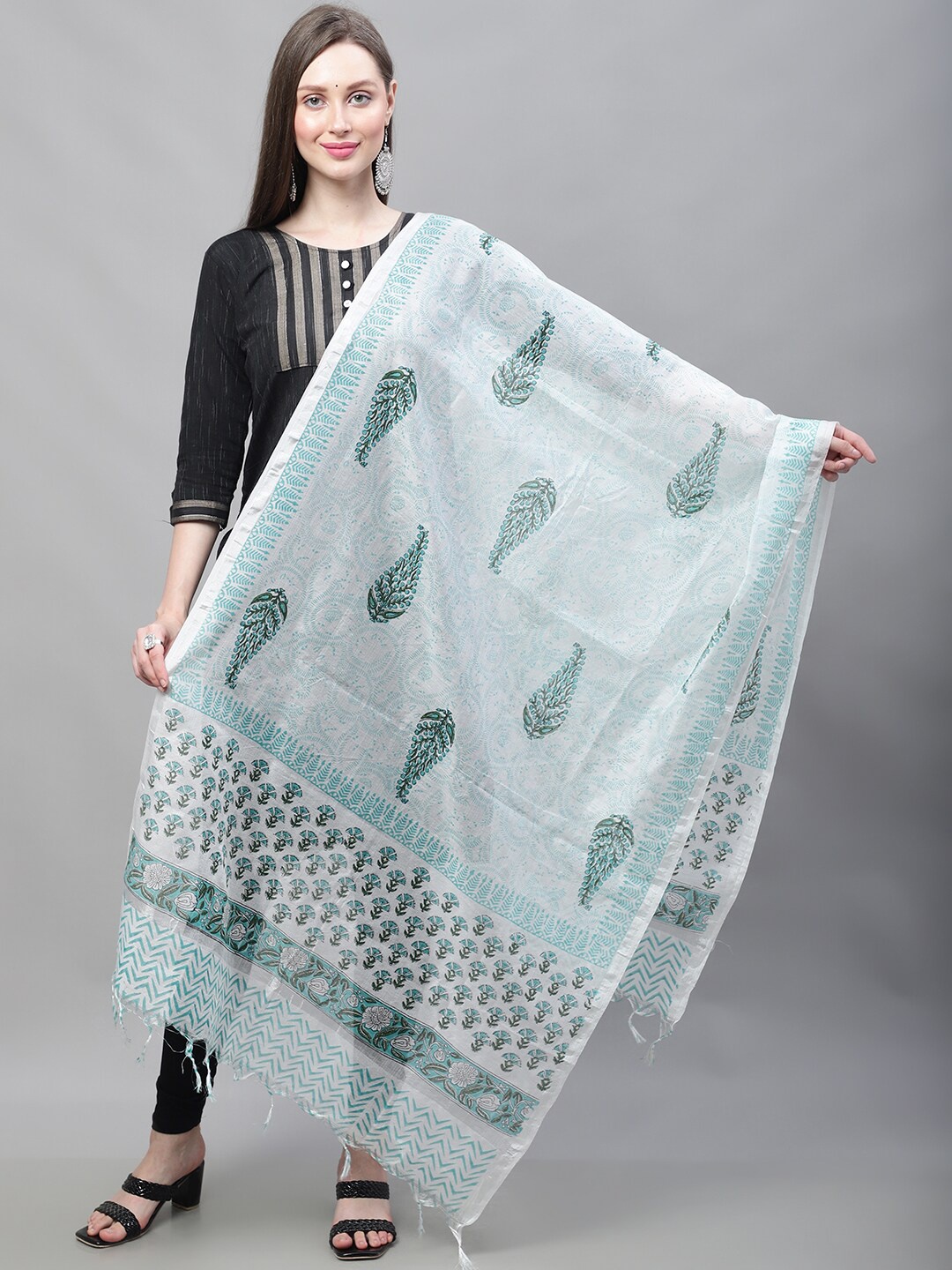 

LOOM LEGACY Floral Printed Chanderi Dupatta, Off white