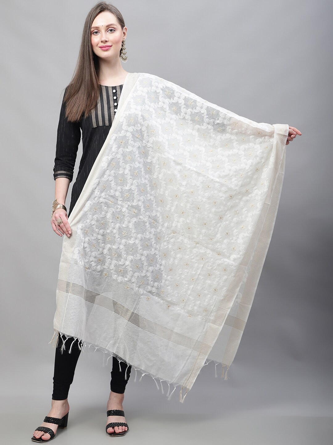 

LOOM LEGACY Floral Embroidered Chanderi Dupatta, Off white