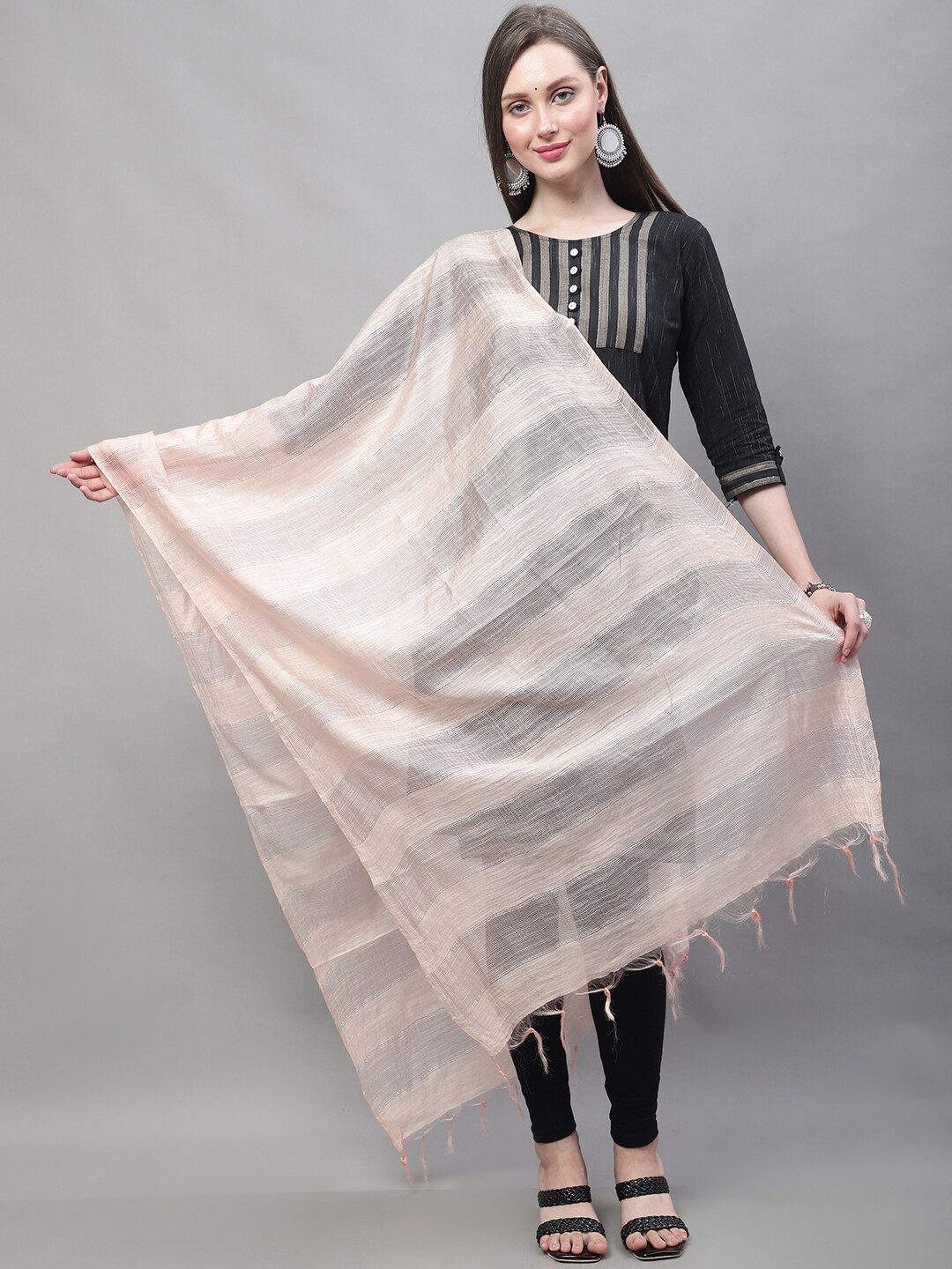 

LOOM LEGACY Chanderi Striped Fringed Dupatta, Peach