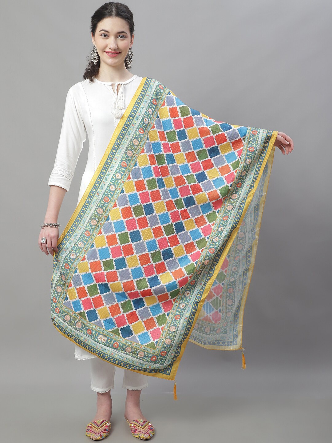 

LOOM LEGACY Geometric Printed Sequinned Chanderi Dupatta, Green