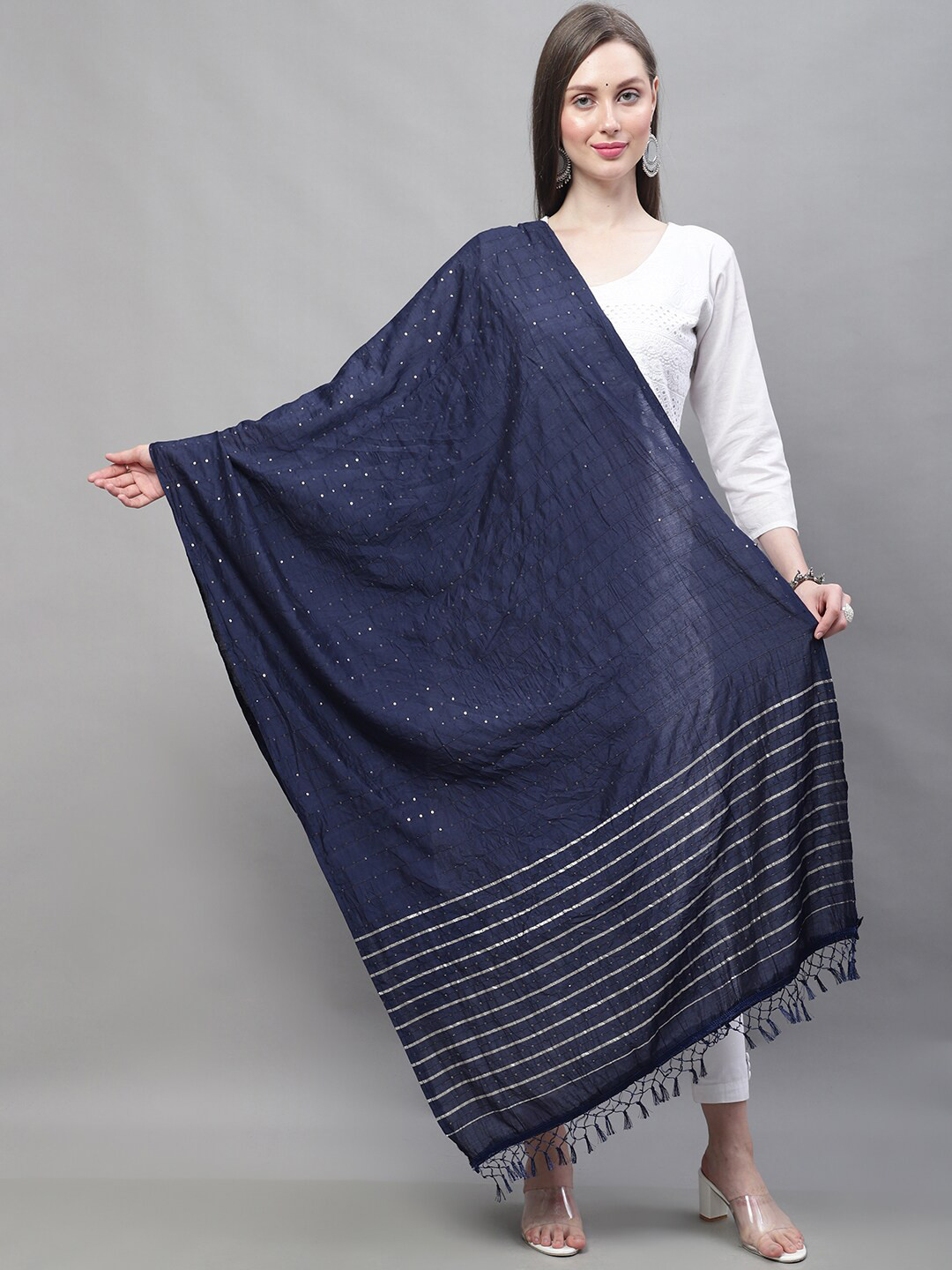 

LOOM LEGACY Striped Sequinned Cotton Silk Dupatta, Navy blue