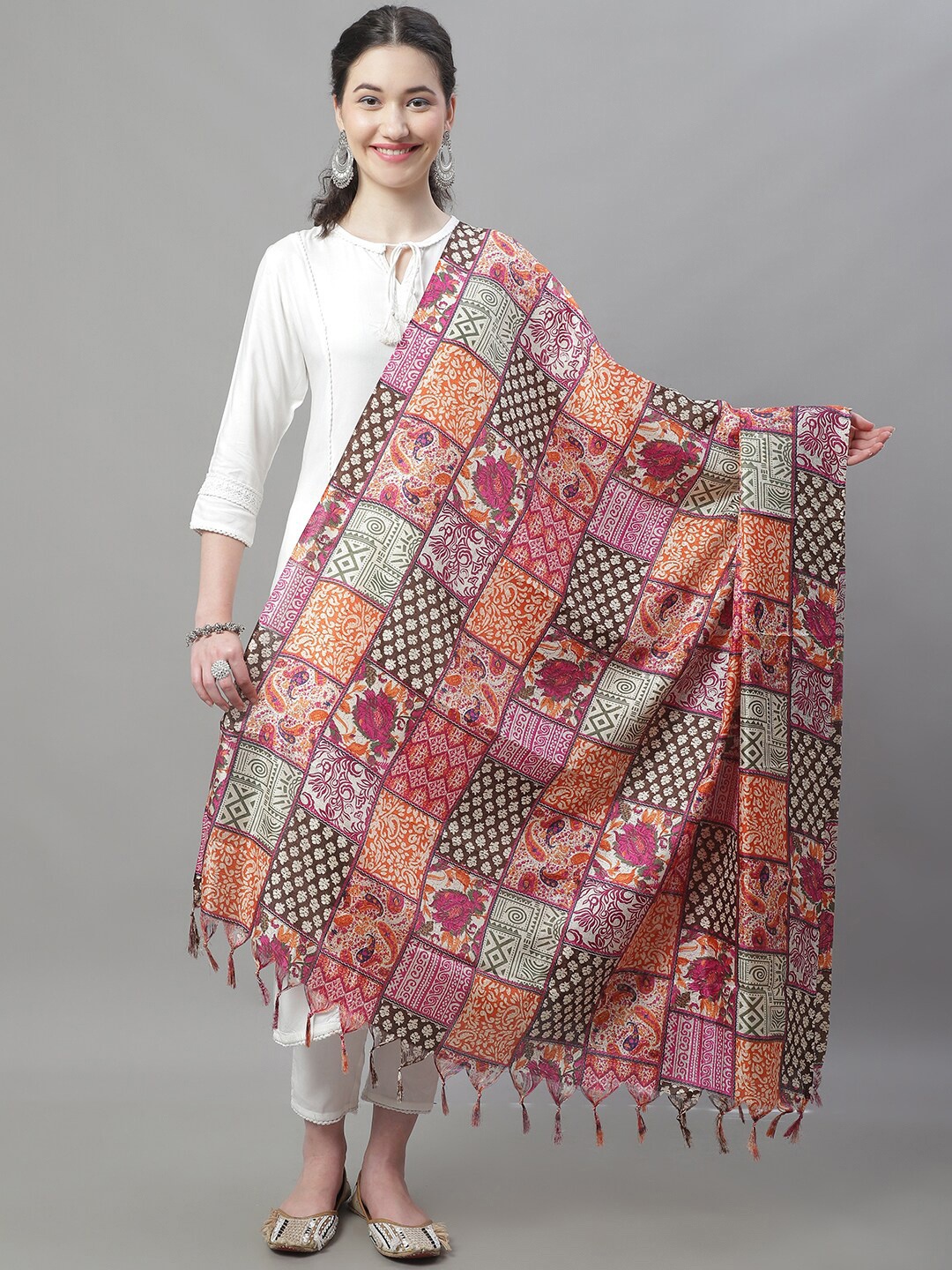 

LOOM LEGACY Ethnic Motifs Printed Woven Design Dupatta, Orange