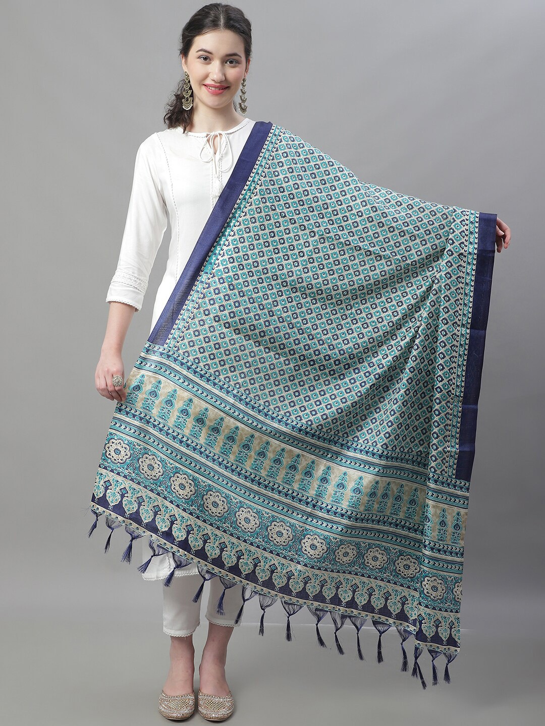 

LOOM LEGACY Ethnic Motifs Printed Dupatta, Turquoise blue