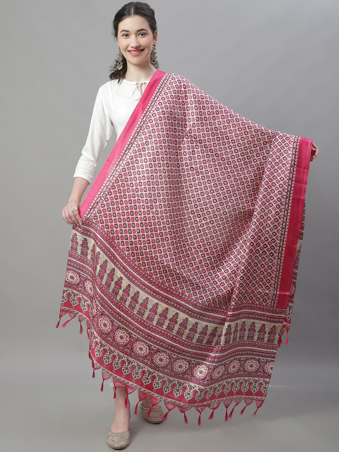 

LOOM LEGACY Ethnic Motifs Printed Woven Design Dupatta, Pink