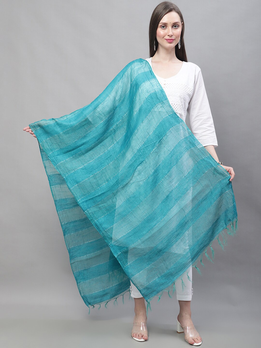 

LOOM LEGACY Striped Woven Design Chanderi Dupatta, Green