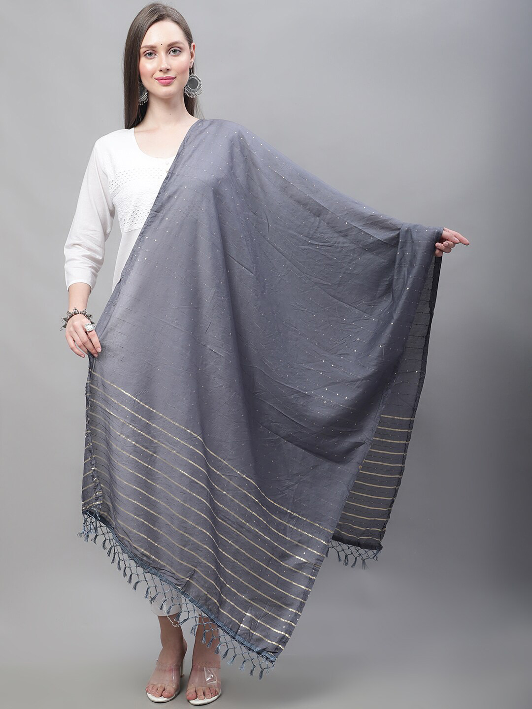 

LOOM LEGACY Striped Sequinned Cotton Silk Dupatta, Grey