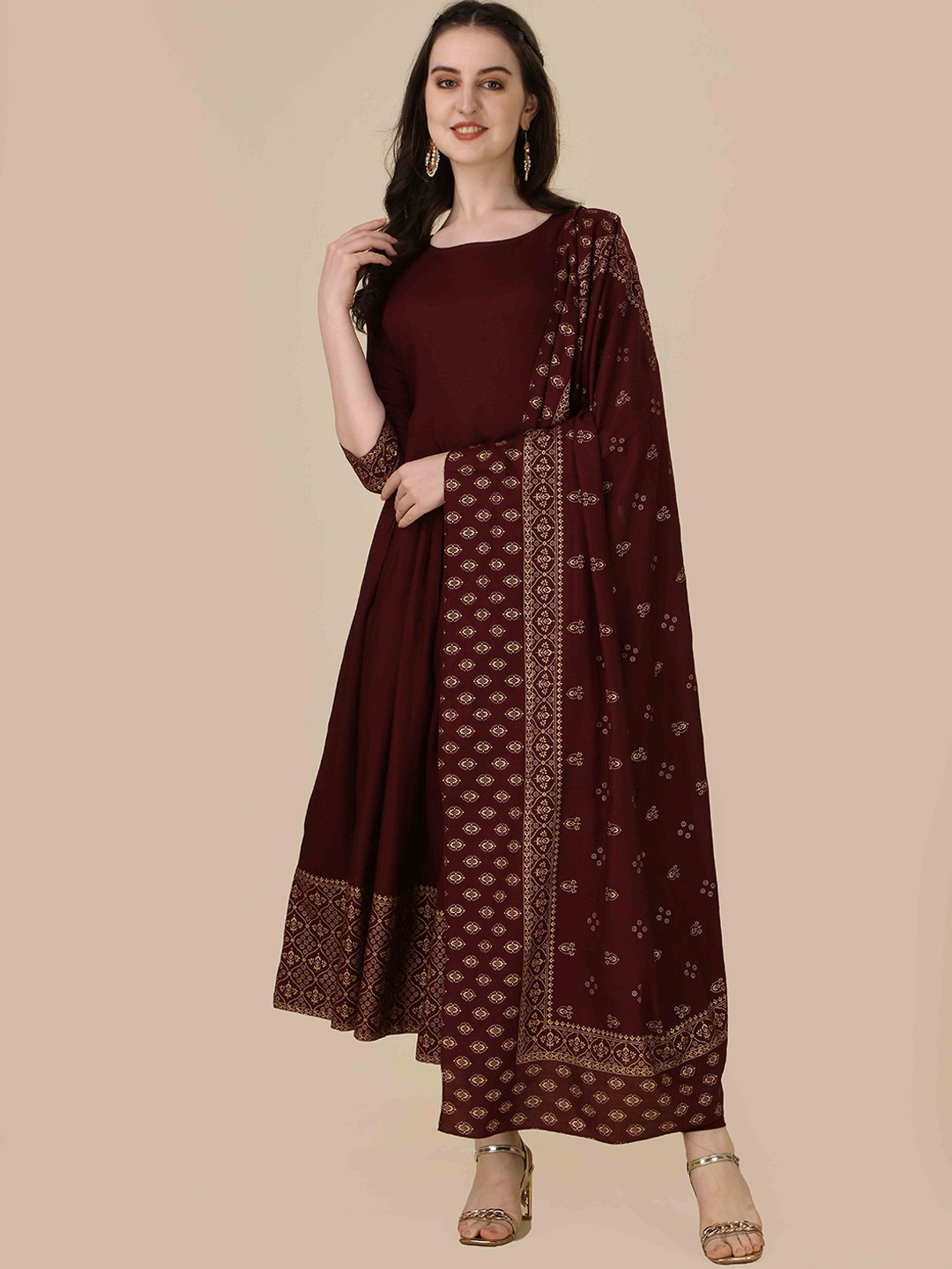 

JAIPUR FASHION MODE Maroon Ethnic Motif Printed Anarkali Kurta With Dupatta