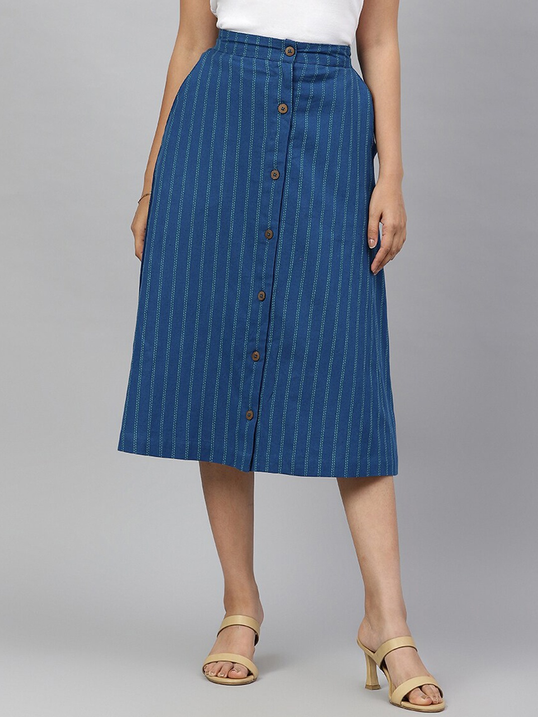 

Fabindia Striped Knee Length A-Line Cotton Linen Skirt, Blue