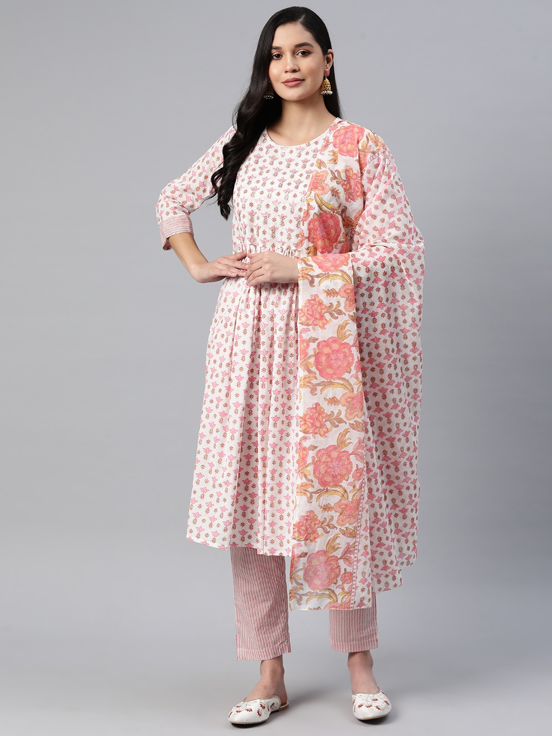

Readiprint Fashions Women Floral Embroidered Pleated Cotton Kurta with Trousers & Dupatta, Pink