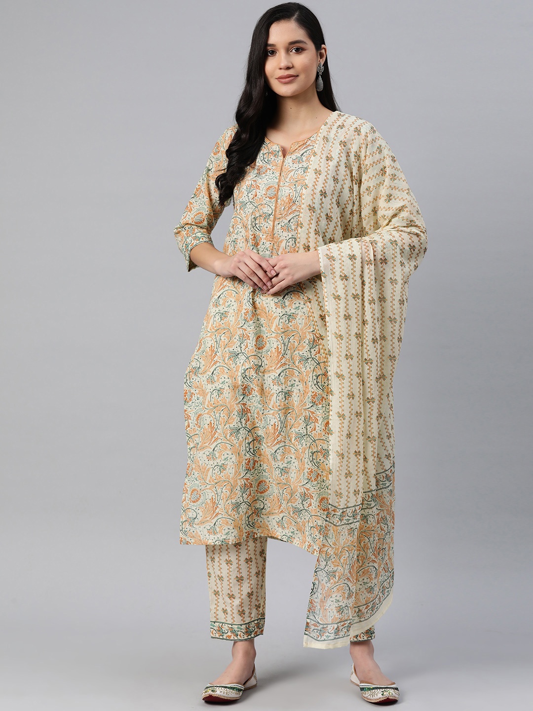 

Readiprint Fashions Women Floral Regular Pure Cotton Kurta with Palazzos & With Dupatta, Beige