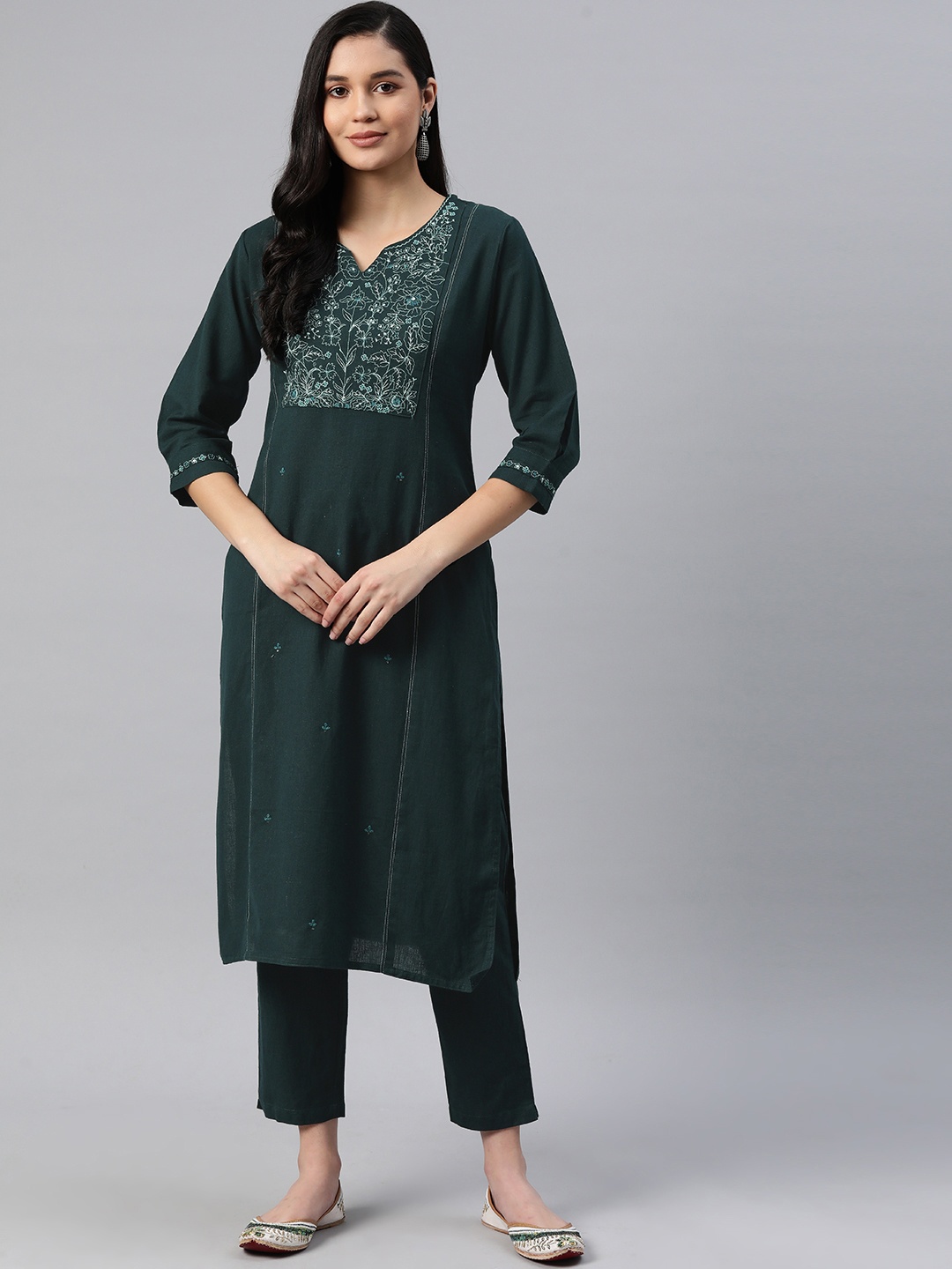 

Readiprint Fashions Women Floral Yoke Design Regular Sequinned Cotton Kurta with Palazzos, Teal