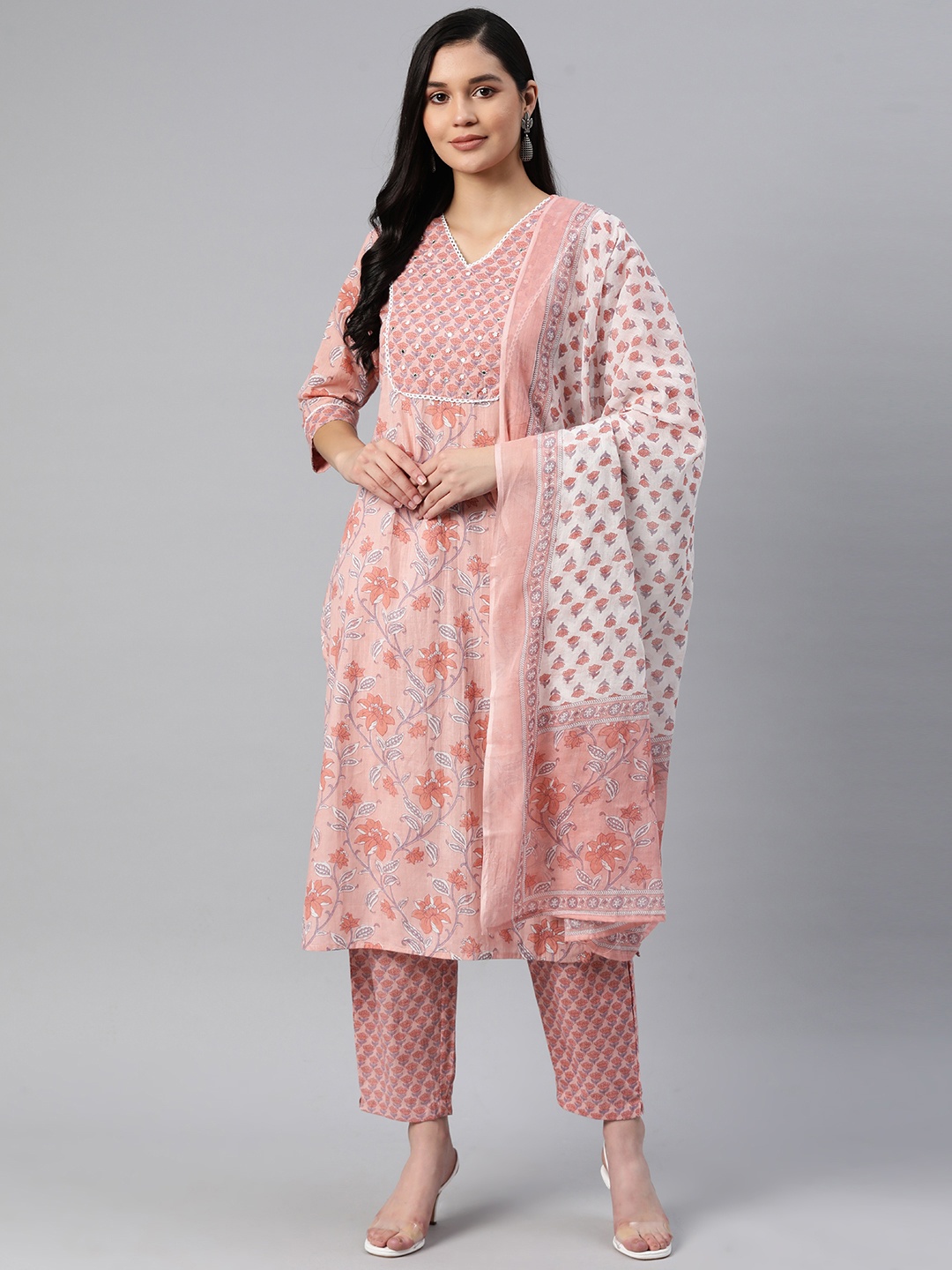 

Readiprint Fashions Floral Printed Beads and Stones Cotton Kurta with Palazzos & Dupatta, Pink