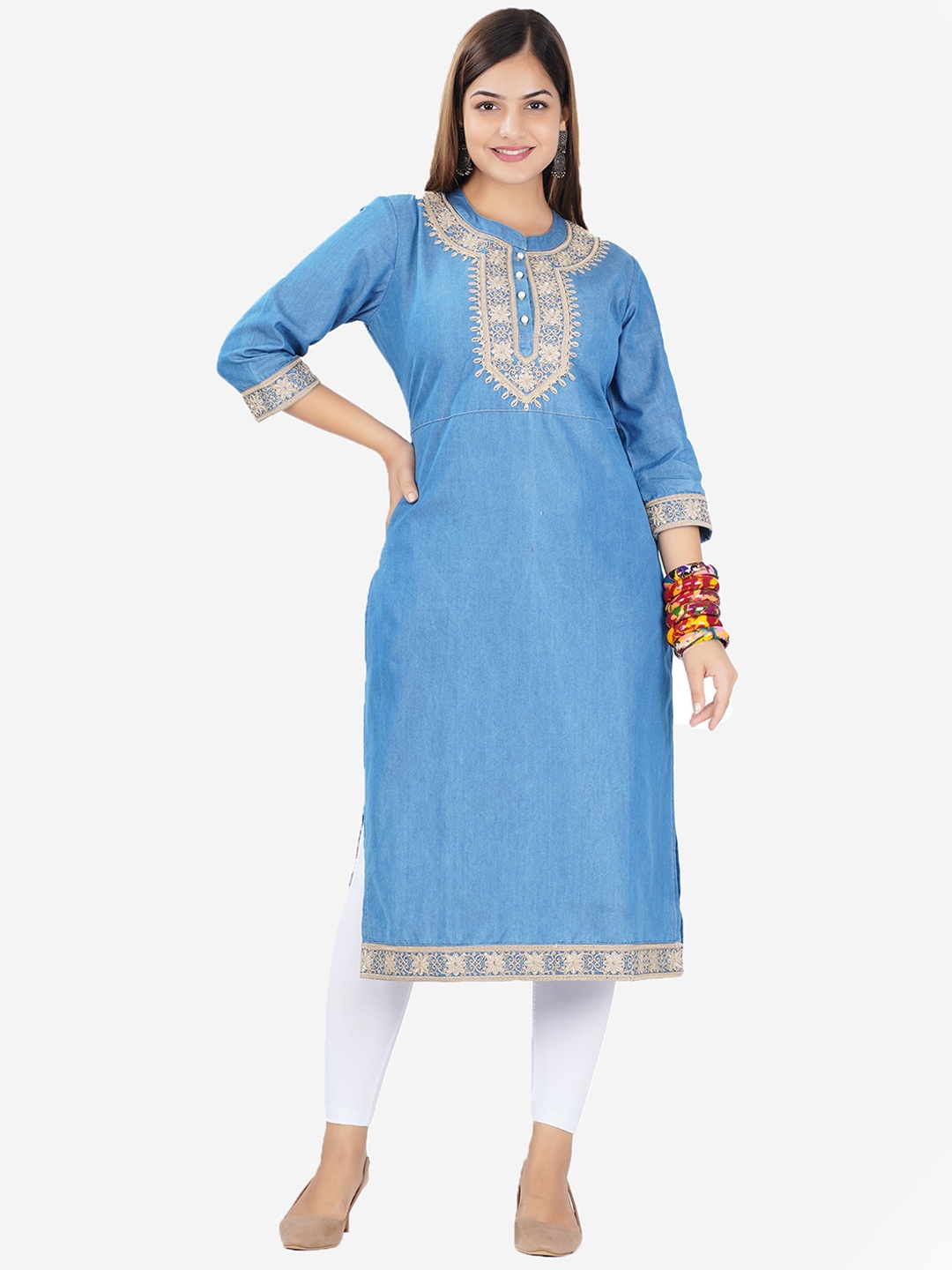 

SUMAVI-FASHION Floral Embroidered Straight Denim Kurta, Blue