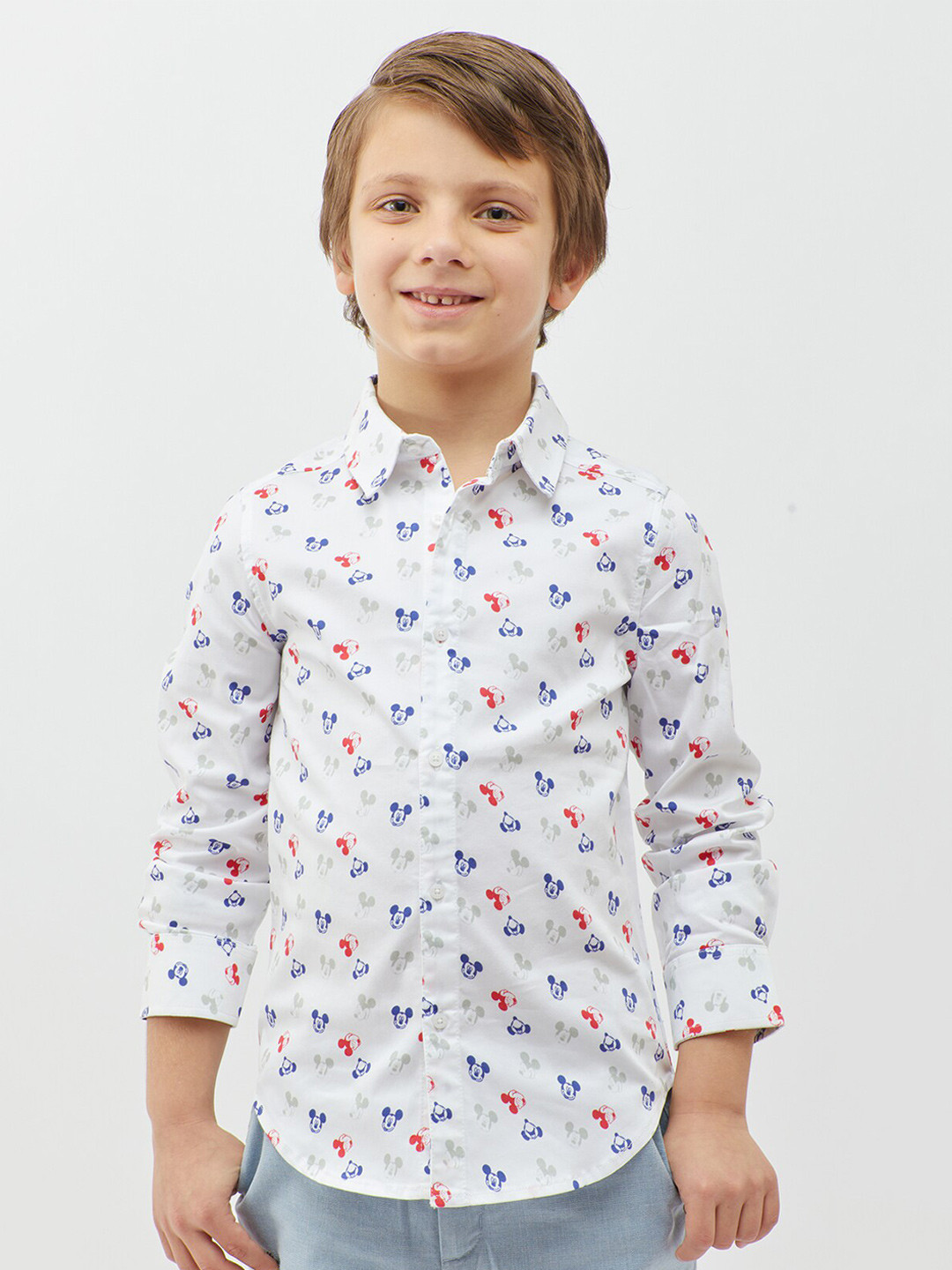 

One Friday Boys Mickey Mouse Printed Cotton Casual Shirt, Off white