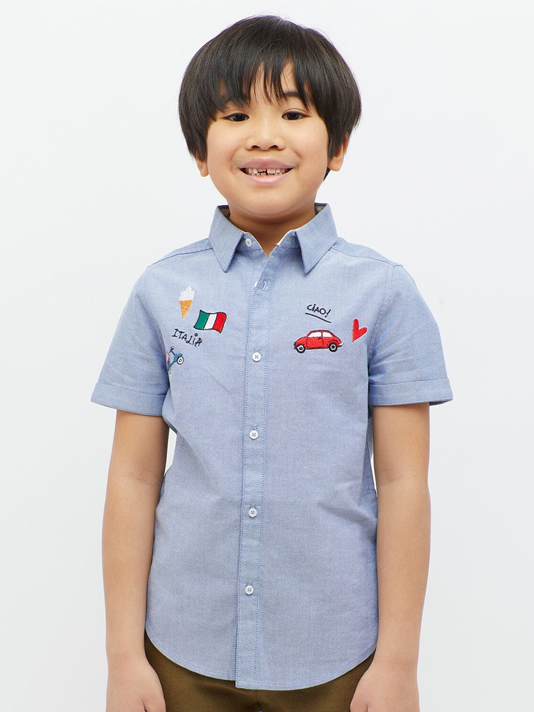 

One Friday Boys Embroidered Pure Cotton Casual Shirt, Blue