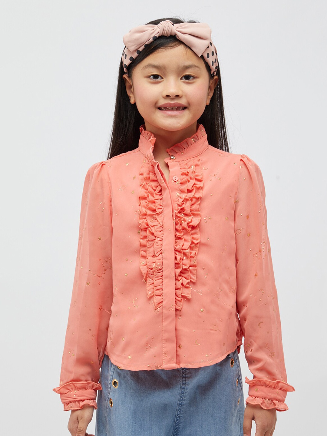 

One Friday Girls Sparkle Printed Mandarin Collar Ruffled Shirt, Peach
