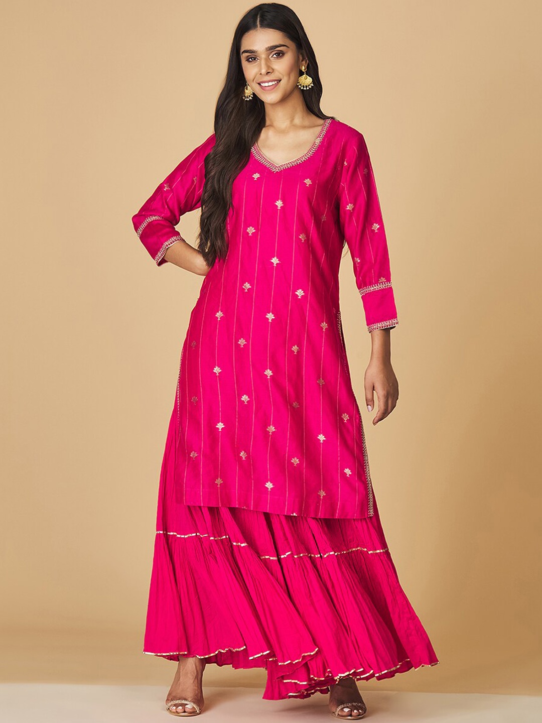 

Fabindia Ethnic Motifs Embroidered Zari Cotton Silk Kurta with Skirt, Pink