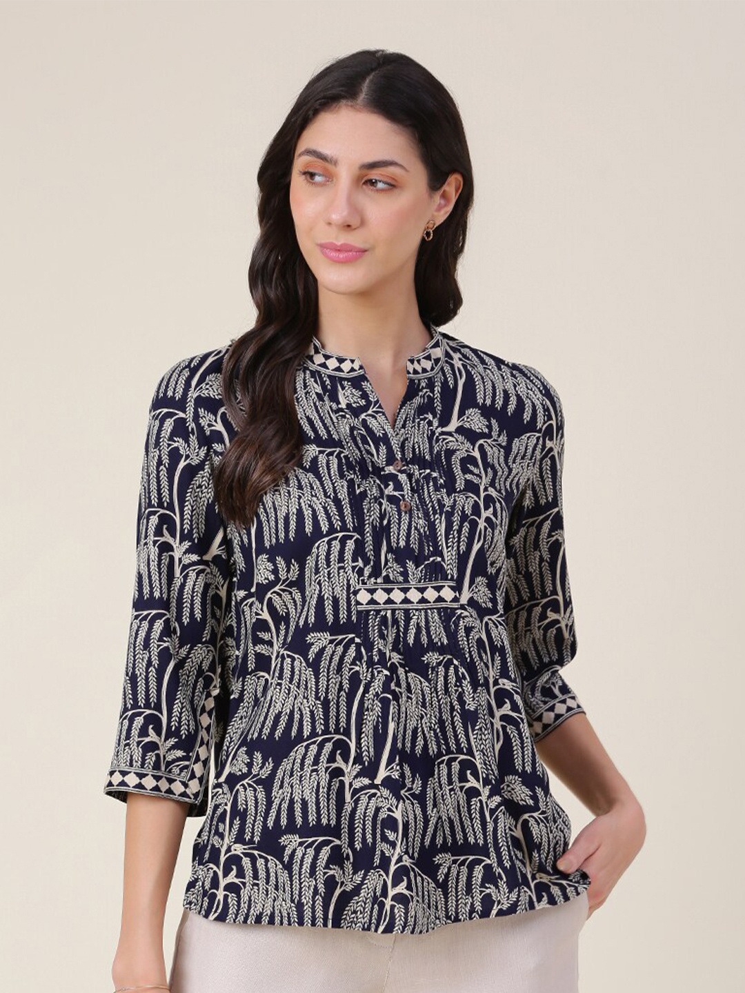 

Fabindia Floral Printed Mandarin Collar Top, Navy blue