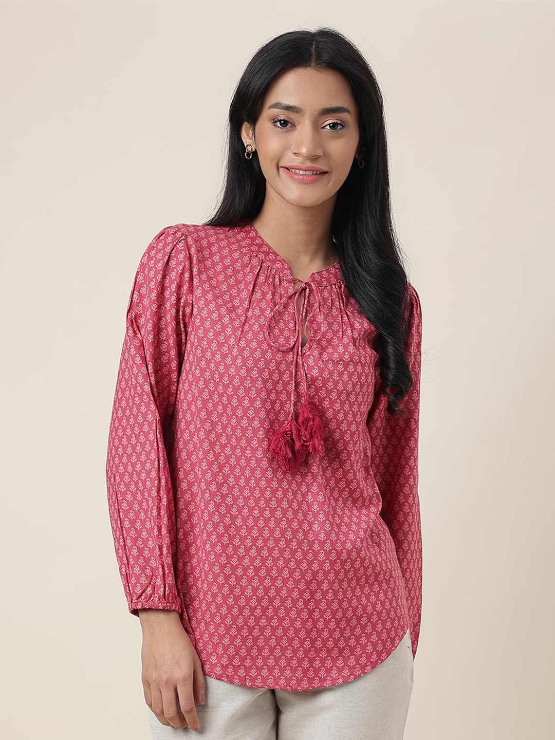 

Fabindia Ethnic Printed Tie-Up Neck Gathered Cotton Top, Pink