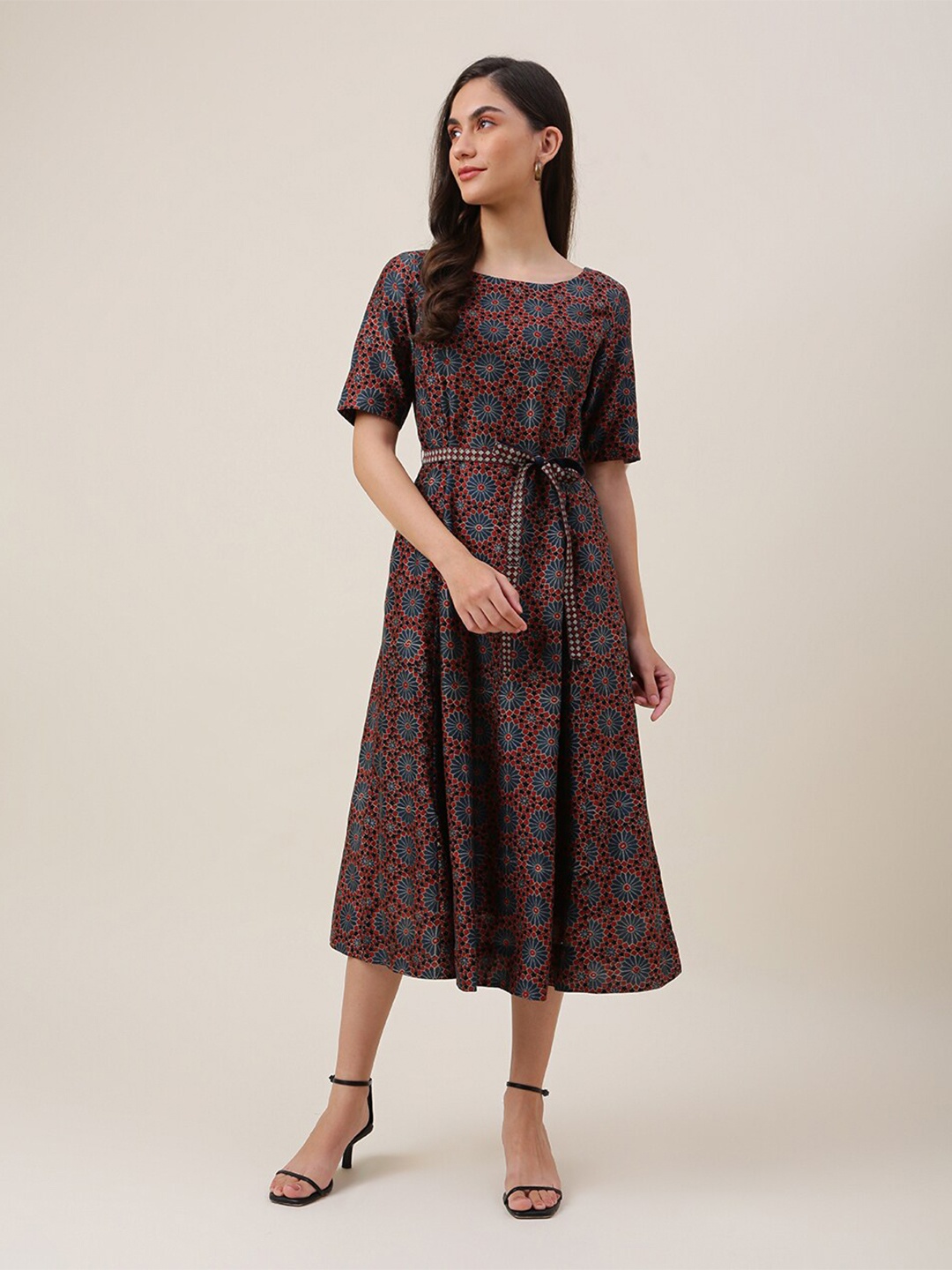 

Fabindia Floral Print A-Line Midi Dress, Maroon