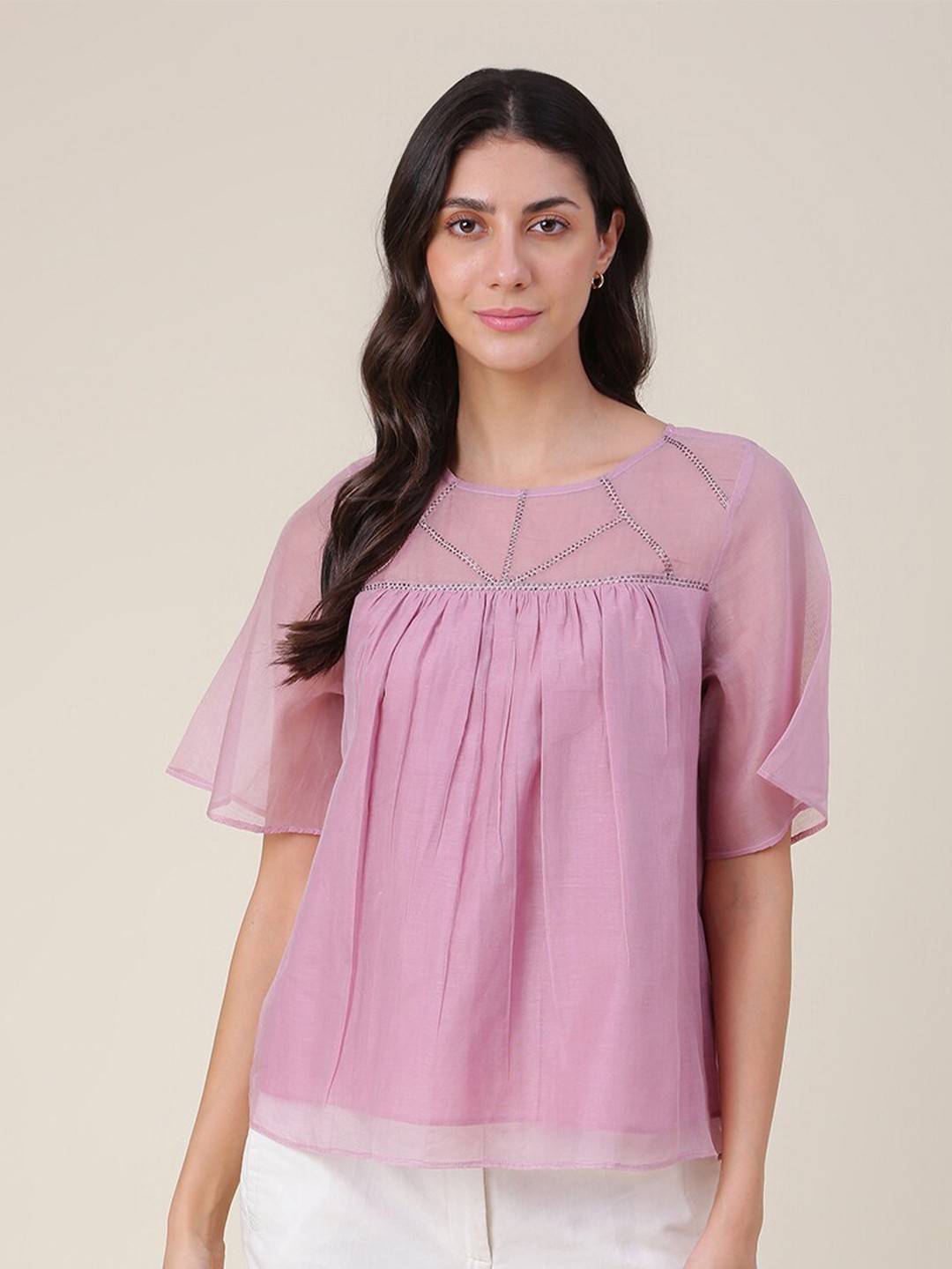 

Fabindia Embellished Flared Sleeves Cotton Top, Purple