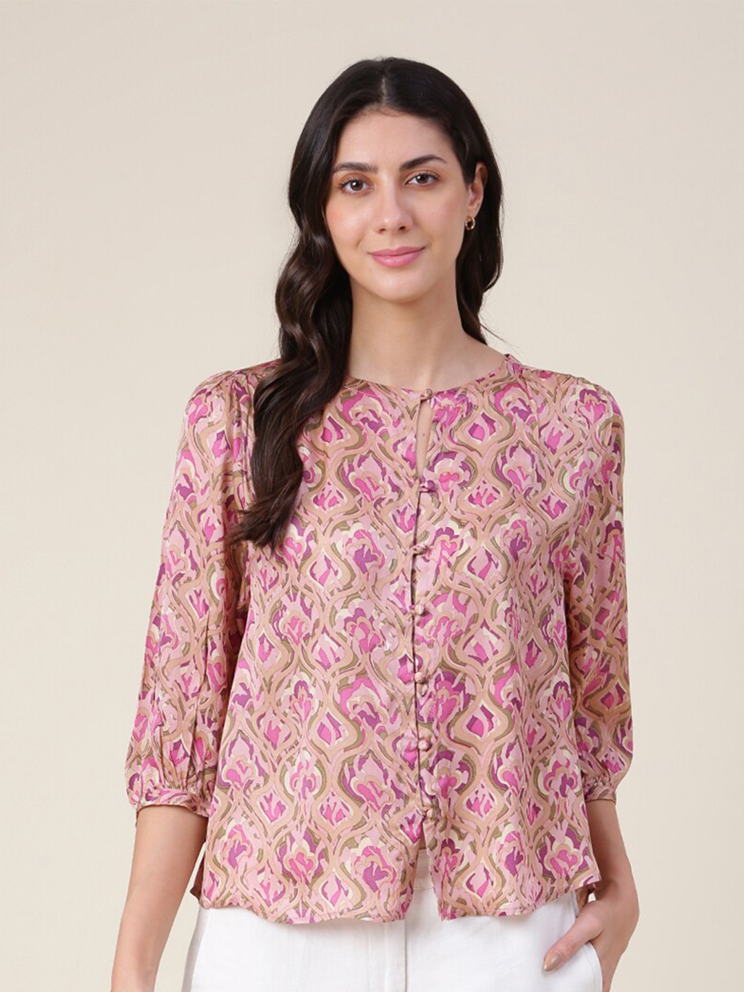 

Fabindia Abstract Printed Puff Sleeve High-Low Top, Pink