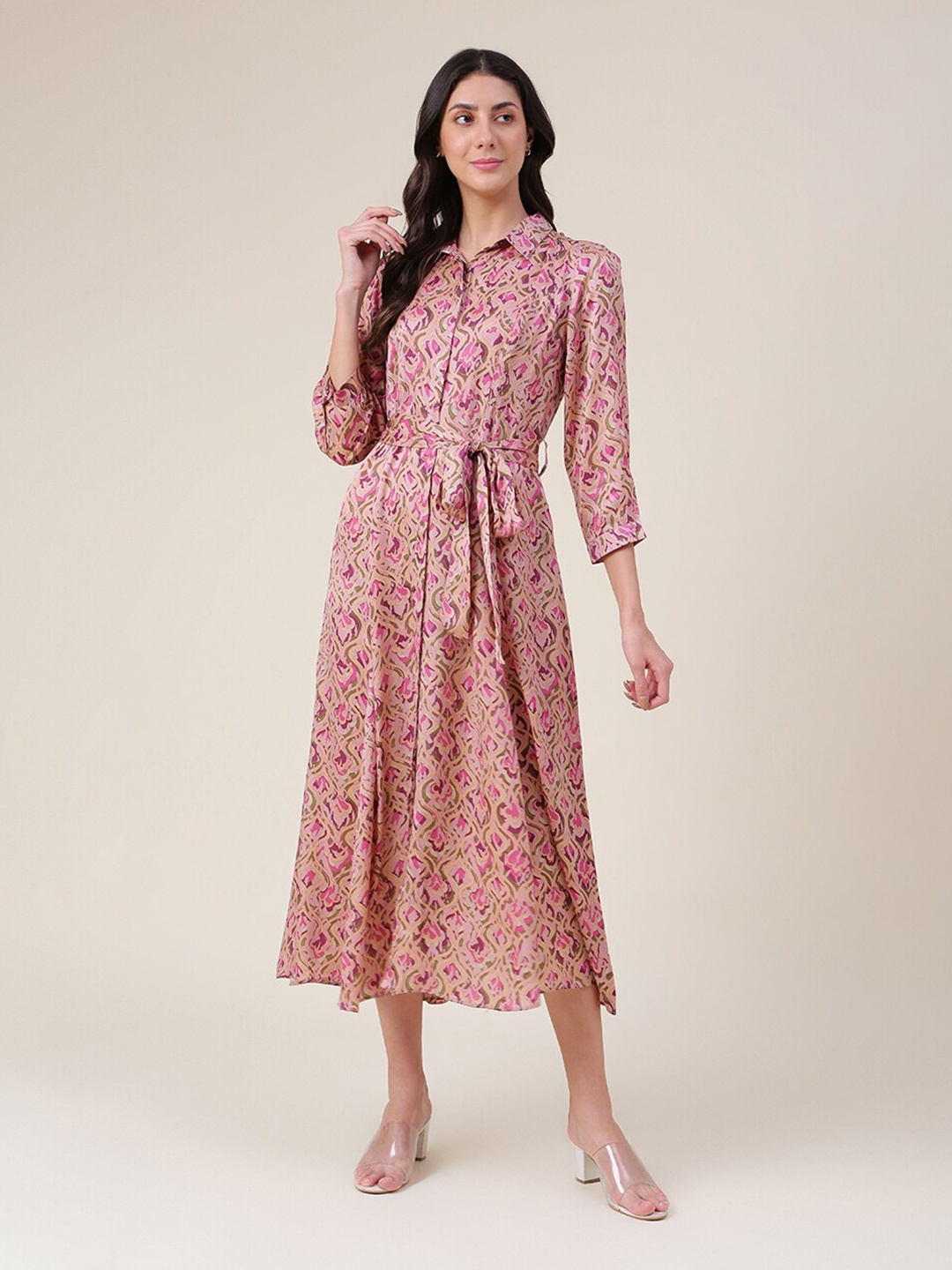 

Fabindia Floral Print Fit & Flare Midi Dress, Pink