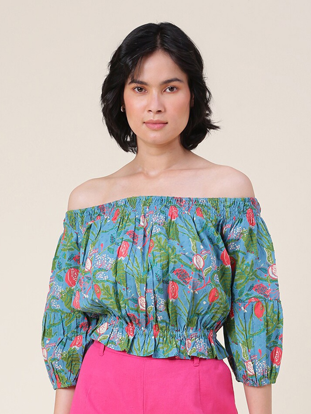 

Fabindia Floral Printed Off-Shoulder Cotton Bardot Top, Blue
