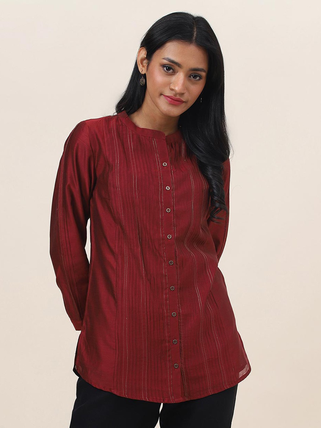 

Fabindia Striped Mandarin Collar Tunic, Maroon