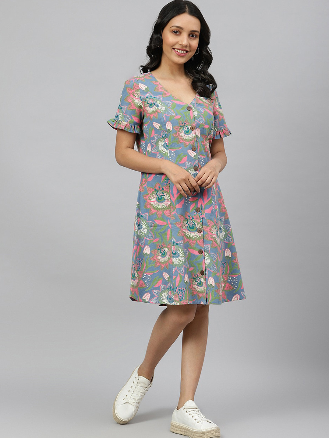 

Fabindia Floral Print A-Line Dress, Teal