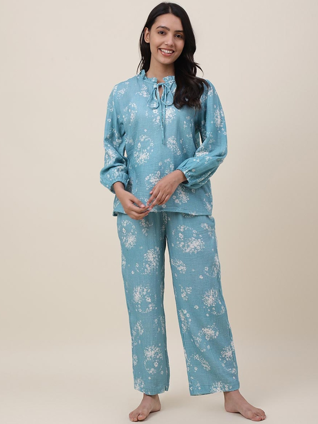 

Fabindia Floral Printed Pure Cotton Night Suit, Blue