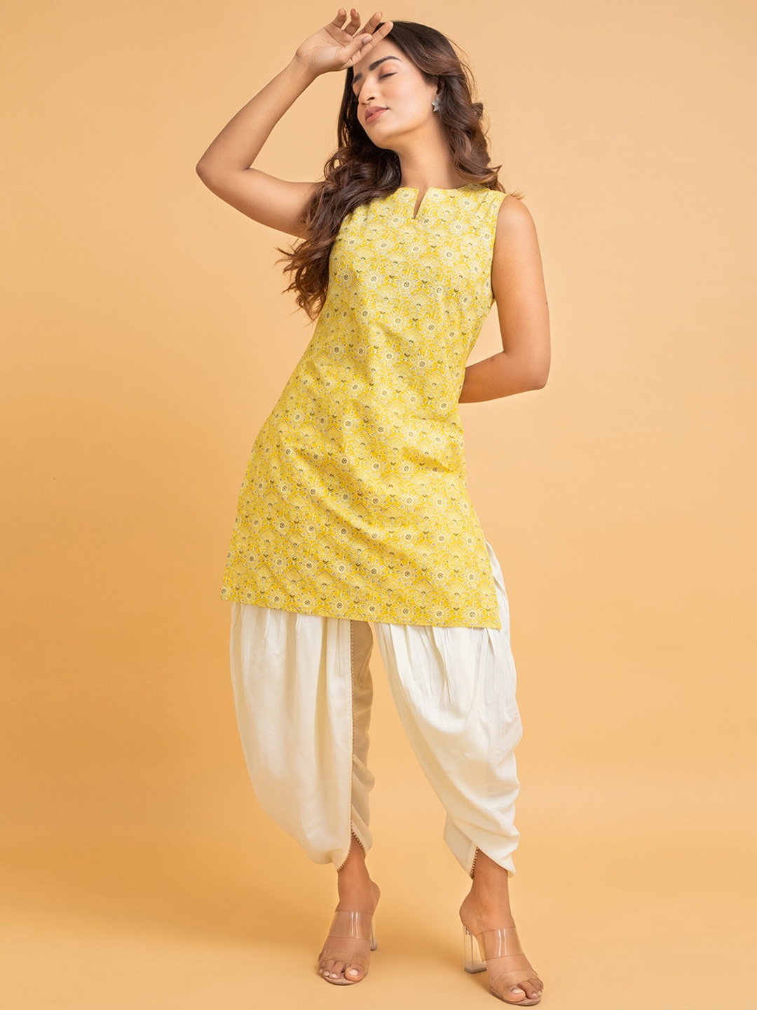 

SUTI Ethnic Motifs Printed Regular Pure Cotton Kurta With Dhoti Pants, Yellow