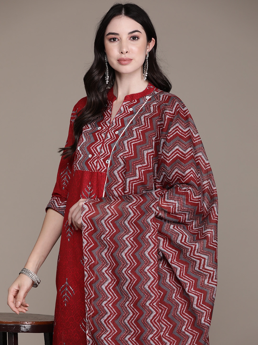 

Anubhutee Ethnic Motifs Printed Mirror Work Pure Cotton Kurta With Trousers & Dupatta, Maroon
