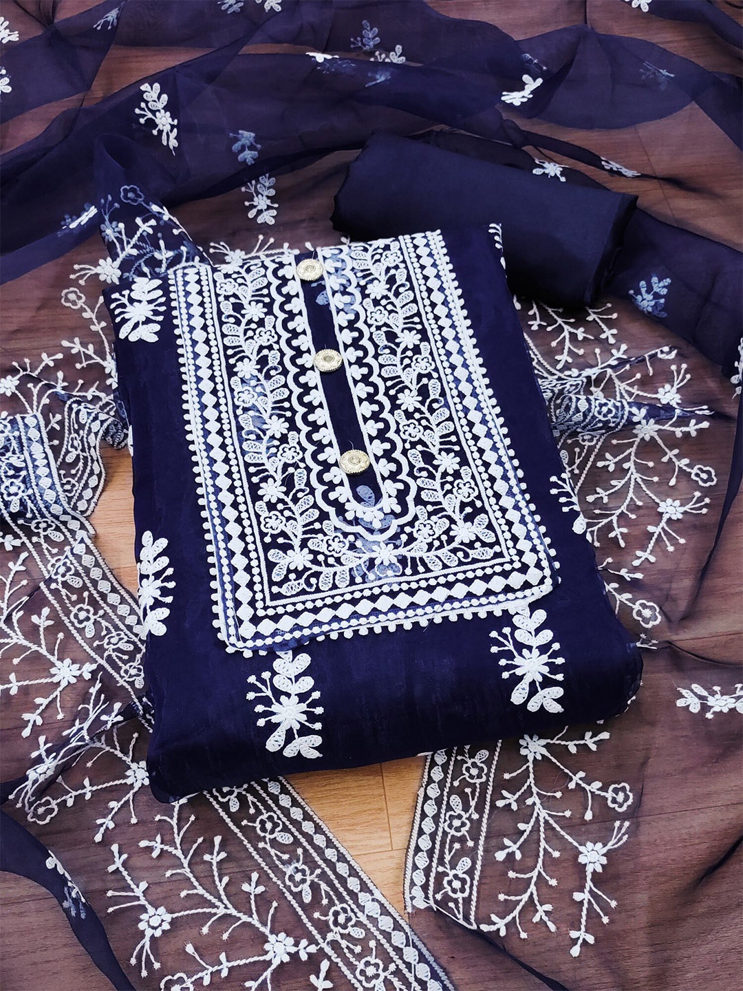 

KALINI Ethnic Motifs Embroidered Unstitched Dress Material, Navy blue