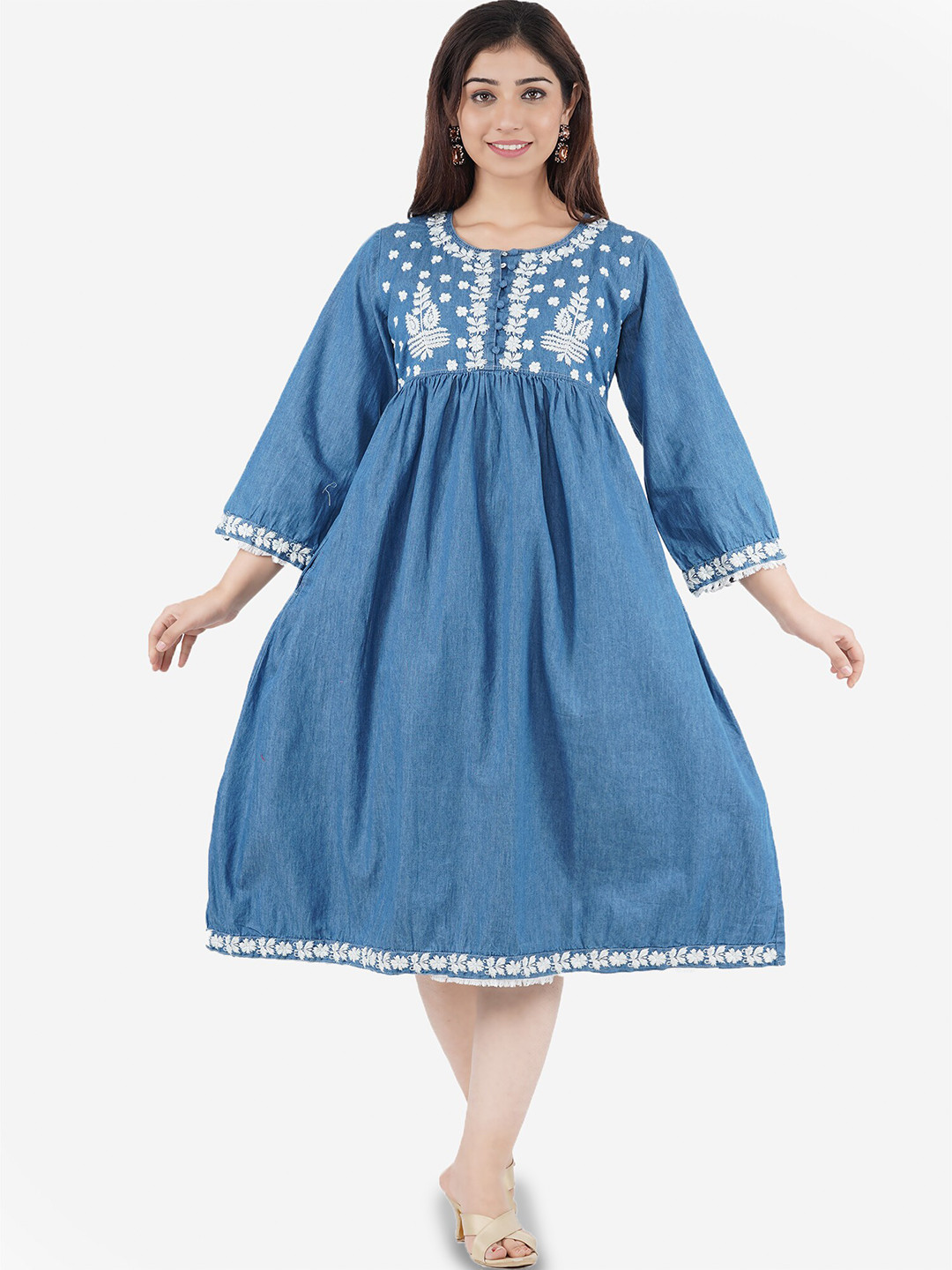 

SUMAVI-FASHION Organic Cotton Denim A-Line Midi Dress, Blue