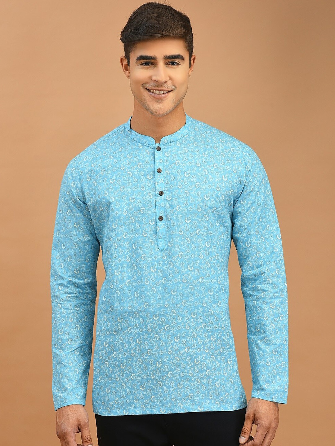 

DEYANN Floral Printed Mandarin Collar Short Cotton Kurta, Turquoise blue