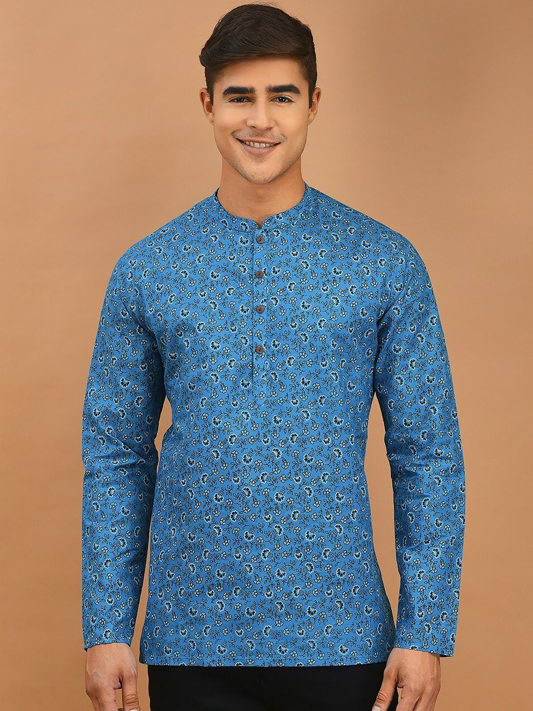

DEYANN Mandarin Collar Floral Printed Straight Cotton Short Kurta, Blue