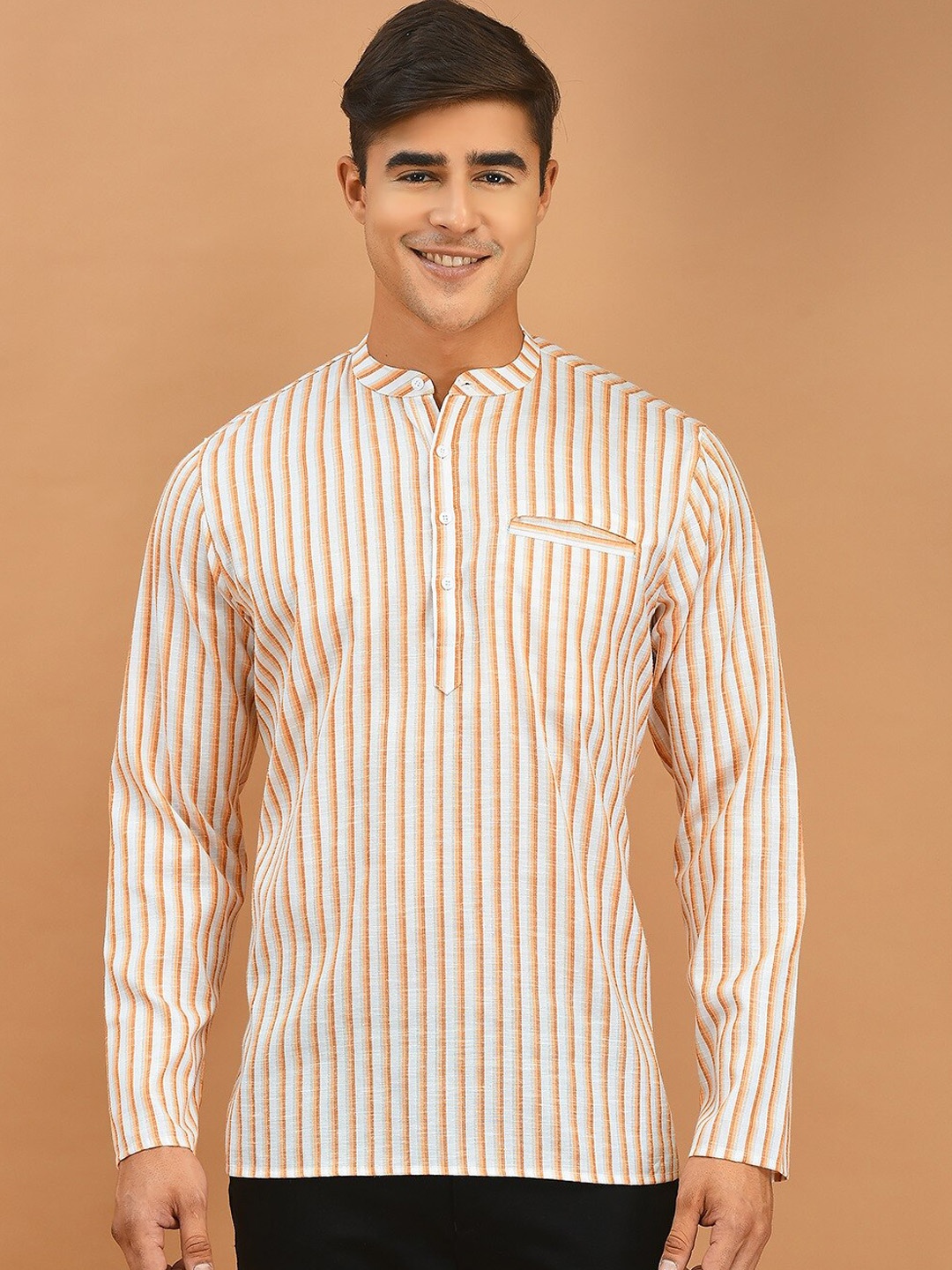 

DEYANN Striped Band Collar Short Cotton Kurta, Orange