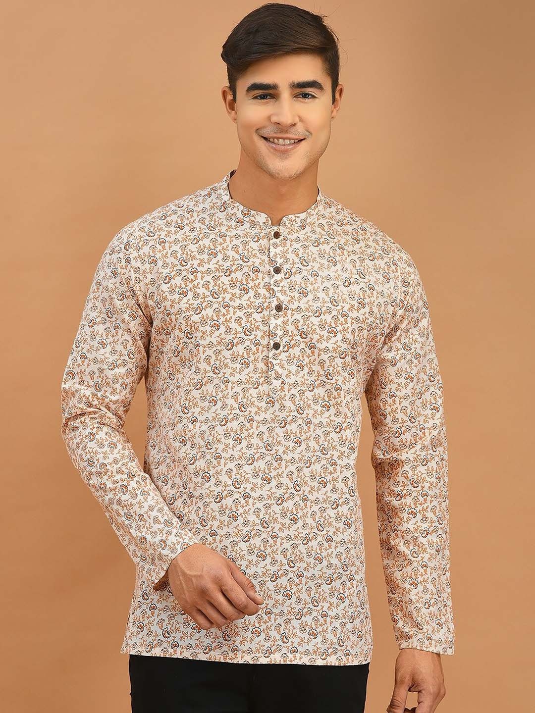 

DEYANN Floral Printed Mandarin Collar Short Cotton Kurta, Beige