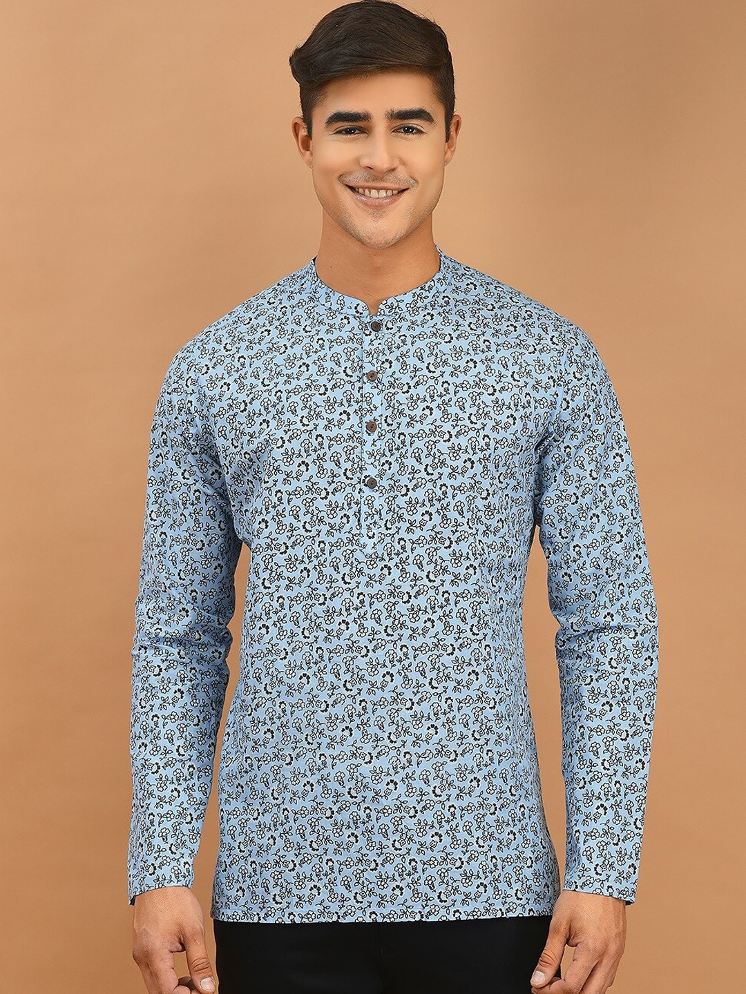 

DEYANN Floral Printed Mandarin Collar Short Cotton Kurta, Blue