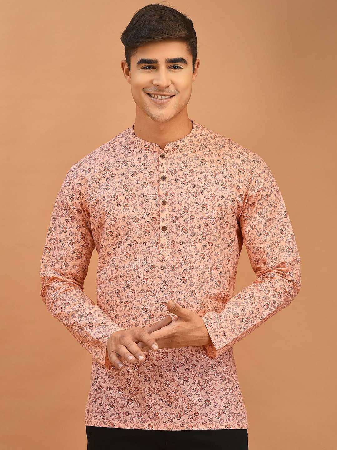 

DEYANN Mandarin Collar Floral Printed Straight Cotton Short Kurta, Peach