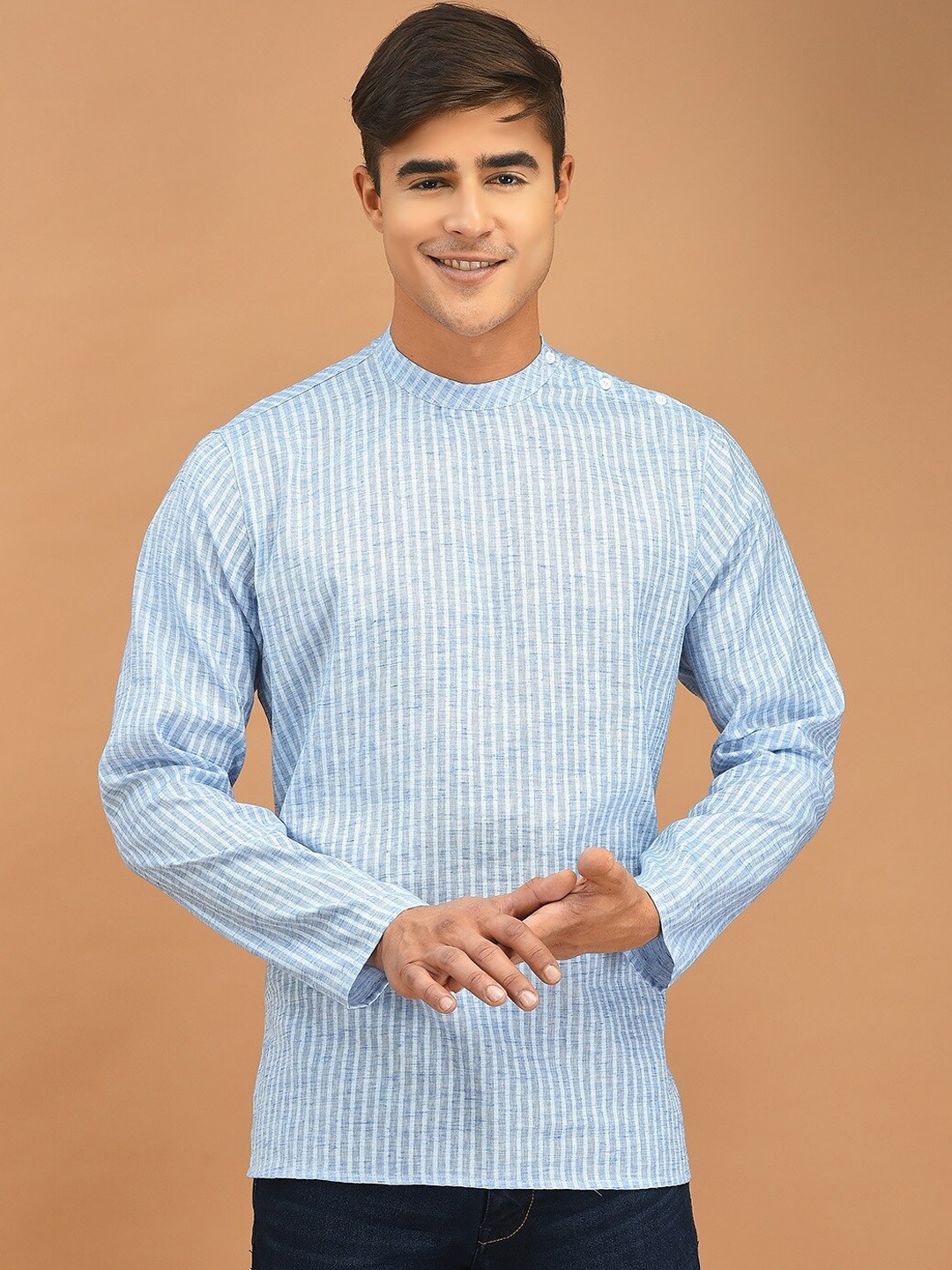 

DEYANN Striped Band Collar Short Jacquard Kurta, Blue