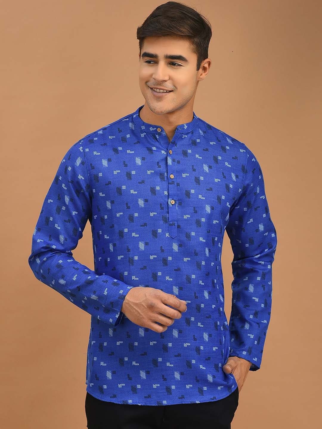 

DEYANN Abstract Printed Band Collar Short Cotton Kurta, Blue
