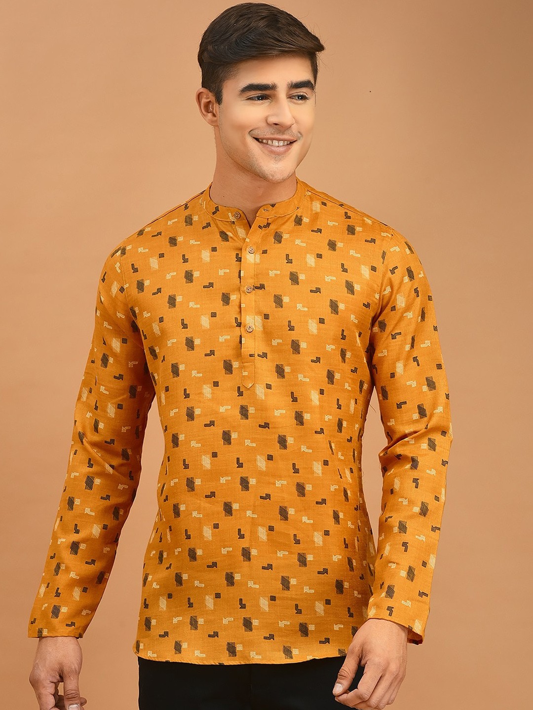 

DEYANN Band Collar Geometric Printed Straight Cotton Short Kurta, Mustard